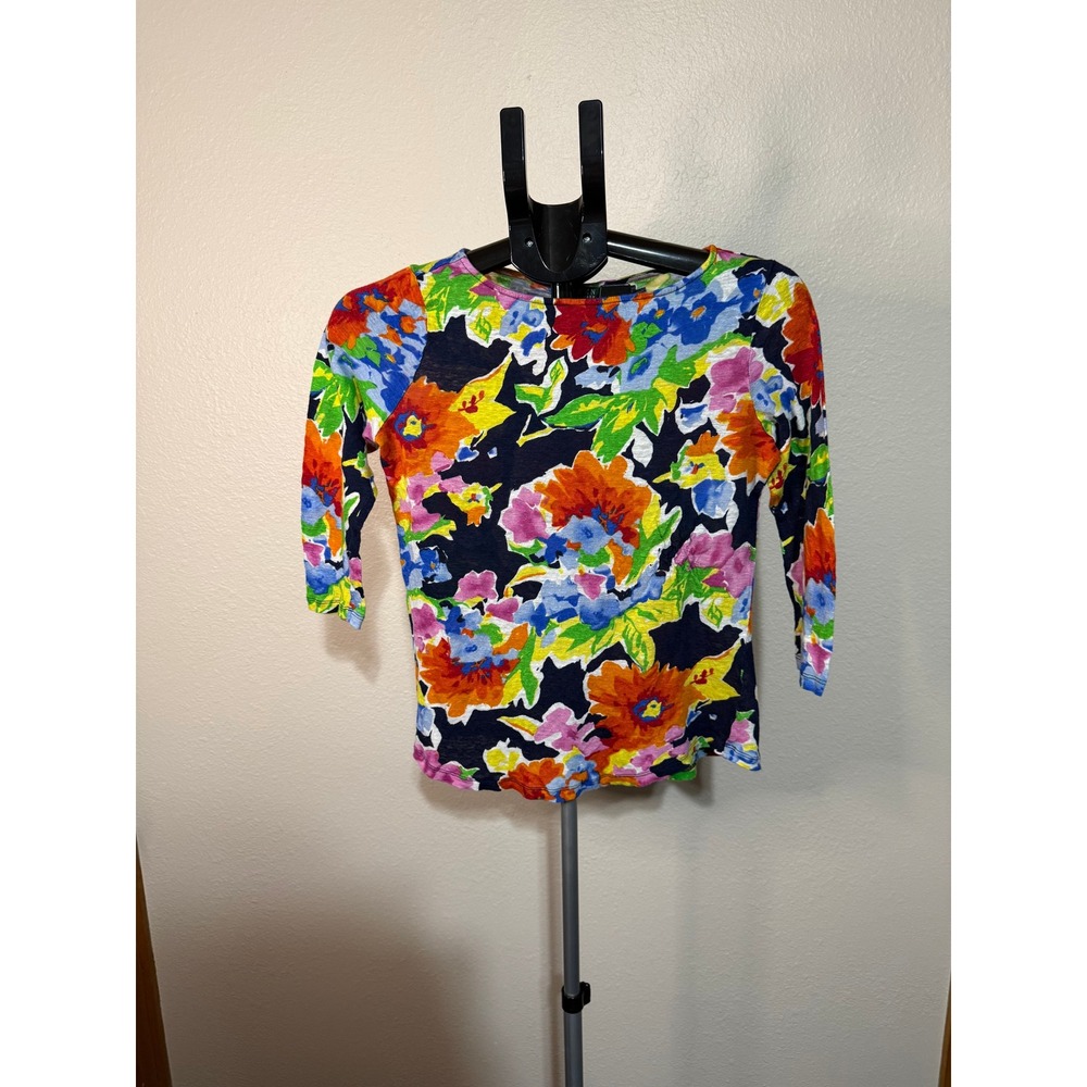 Lauren Ralph Lauren Floral Linen Boat Neck 3/4 Sleeve Top Multi Color‎ Small